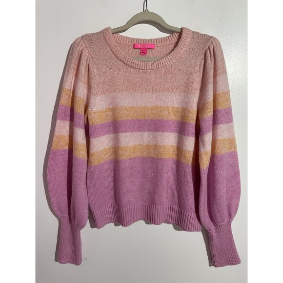 Lilly Pulitzer Sweater M Pink Ritza Striped Wool Academia Balloon Sleeves Preppy - Picture 1 of 8